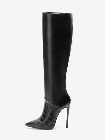 Black High Heel Boots Black Pointed Toe Stiletto Heel Mid Calf Boots