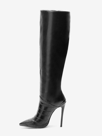 High Heel Boots Black Pointed Toe Stiletto Heel Mid Calf Boots