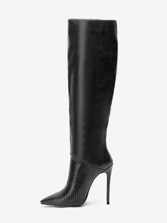 PU BlackHigh Heel Boots Black Pointed Toe Stiletto Heel Mid Calf Boots