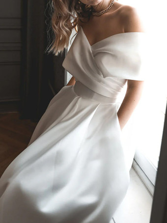 ショートウェディングドレス オフショルダー ノースリーブ Aライン ティーレングス ショートブライダルドレス