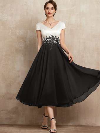 ブラックマザードレス Vネック 半袖 Aライン レース ティー丈 ゲストドレス 結婚式用