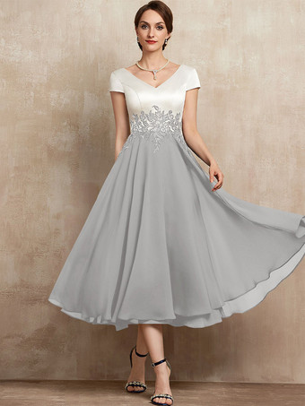 シルバーマザードレス Vネック 半袖 Aライン レース ティー丈 ゲストドレス 結婚式用