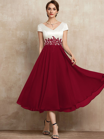 バーガンディーマザードレス Vネック 半袖 Aライン レース ティー丈 ゲストドレス 結婚式用