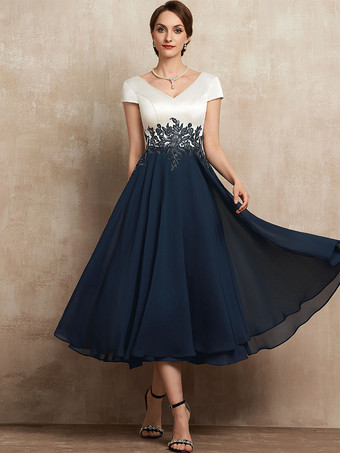 ダークネイビーマザードレス Vネック 半袖 Aライン レース ティー丈 ゲストドレス 結婚式用