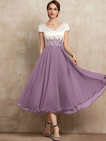 ラベンダーマザードレス Vネック 半袖 Aライン レース ティー丈 ゲストドレス 結婚式用