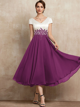 パープル マザードレス Vネック 半袖 Aライン レース ティー丈 ゲストドレス 結婚式用
