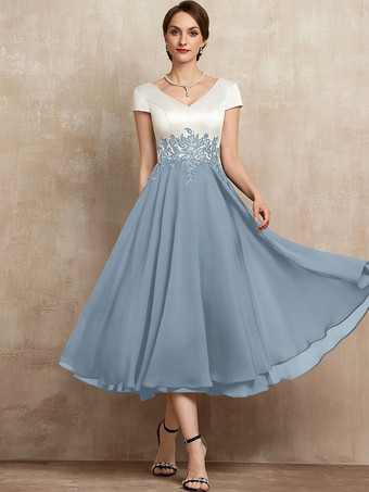 グレーブルーマザードレス Vネック 半袖 Aライン レース ティー丈 ゲストドレス 結婚式用