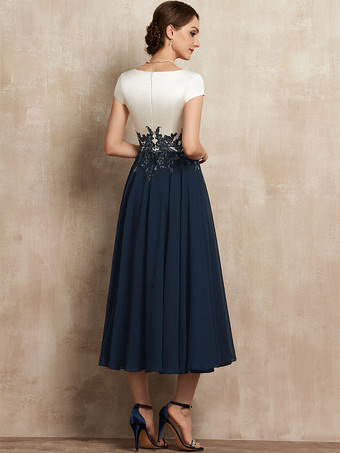 マザードレス Vネック 半袖 Aライン レース ティー丈 ゲストドレス 結婚式用