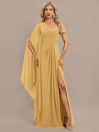 イエローイブニングドレス Aライン ワンショルダー フロアレングス 半袖 ジッパー プリーツ シフォン フォーマル ディナードレス