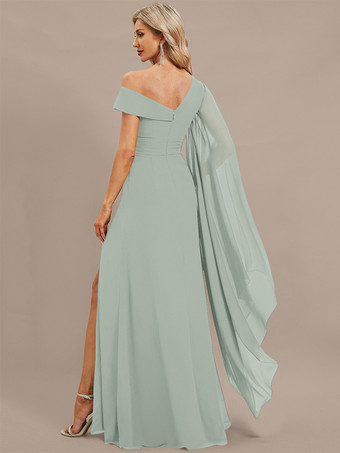 イブニングドレス Aライン ワンショルダー フロアレングス 半袖 ジッパー プリーツ シフォン フォーマル ディナードレス