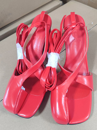 Red Pink Split Toe Sandals Block Heel Strappy Sandals