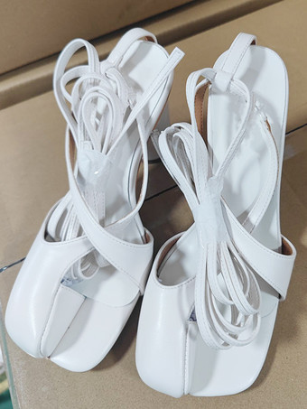 White Pink Split Toe Sandals Block Heel Strappy Sandals