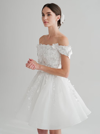 ブライダルミニドレス ショートウェディングドレス ショートオフショルダー ノースリーブ ショートナチュラルウエスト レースショートブライダルドレス