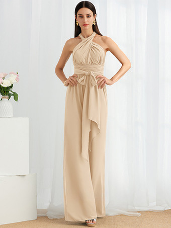 シャンパンブライズメイドドレス ジャンプスーツ フロアレングス ジッパー シフォン フォーマルガウン