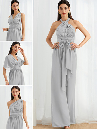 シルバーブライズメイドドレス ジャンプスーツ フロアレングス ジッパー シフォン フォーマルガウン