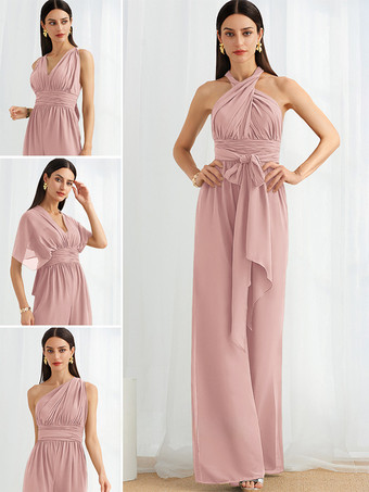 ピンクブライズメイドドレス ジャンプスーツ フロアレングス ジッパー シフォン フォーマルガウン