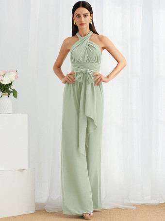 パステルグリーンブライズメイドドレス ジャンプスーツ フロアレングス ジッパー シフォン フォーマルガウン