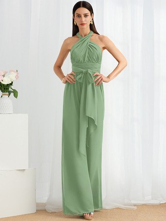 セージグリーンブライズメイドドレス ジャンプスーツ フロアレングス ジッパー シフォン フォーマルガウン