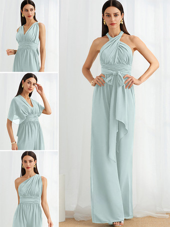 ベビーブルーブライズメイドドレス ジャンプスーツ フロアレングス ジッパー シフォン フォーマルガウン