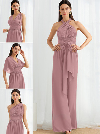 ダークピンクブライズメイドドレス ジャンプスーツ フロアレングス ジッパー シフォン フォーマルガウン