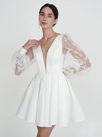 ブライダルミニドレス ショートウェディングドレス Vネック 長袖 Aライン ショートブライダルガウン