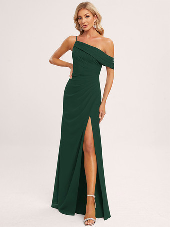 ダークグリーンブライズメイドドレス Aライン フロアレングス ジッパー シフォン ウェディング パーティードレス