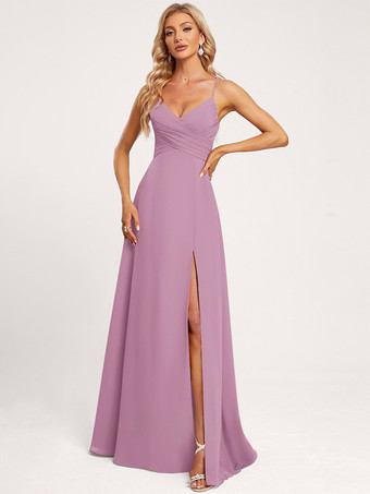 ラベンダーブライズメイドドレス Aライン フロアレングス レースアップ シフォン ウェディング パーティードレス