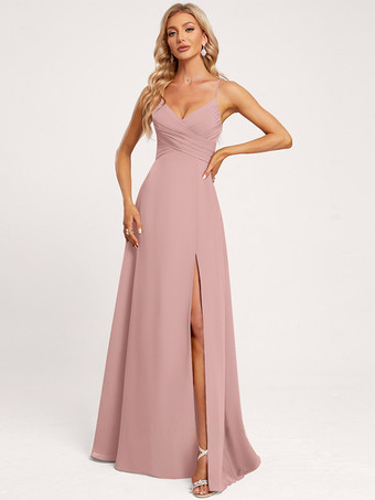 ピンクブライズメイドドレス Aライン フロアレングス レースアップ シフォン ウェディング パーティードレス