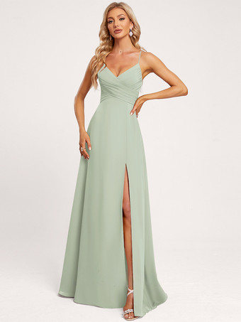 セージグリーンブライズメイドドレス Aライン フロアレングス レースアップ シフォン ウェディング パーティードレス