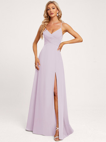 ライラック ブライズメイドドレス Aライン フロアレングス レースアップ シフォン ウェディング パーティードレス