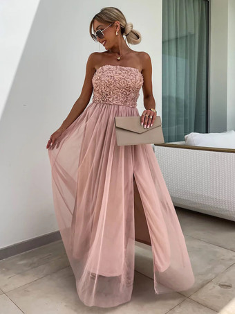 ソフトピンクのAラインドレス、フリル、チュール、ハイスリット、オフショルダー、バックレス、パーティーマキシドレス