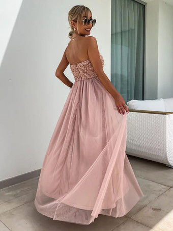 ソフトピンクのAラインドレス、フリル、チュール、ハイスリット、オフショルダー、バックレス、パーティーマキシドレス