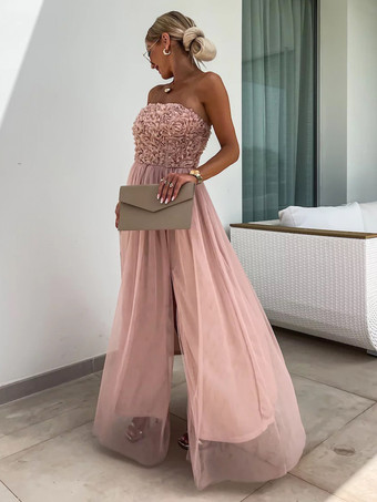ソフトピンクのAラインドレス、フリル、チュール、ハイスリット、オフショルダー、バックレス、パーティーマキシドレス
