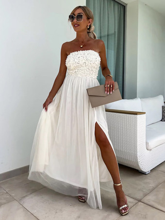 ソフトピンクのAラインドレス、フリル、チュール、ハイスリット、オフショルダー、バックレス、パーティーマキシドレス