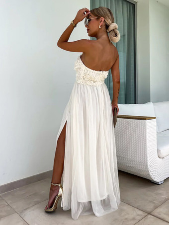 ソフトピンクのAラインドレス、フリル、チュール、ハイスリット、オフショルダー、バックレス、パーティーマキシドレス