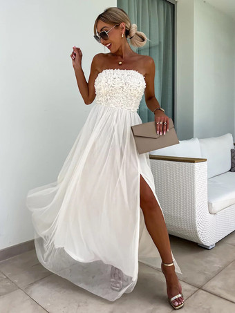 ホワイト ソフトピンクのAラインドレス、フリル、チュール、ハイスリット、オフショルダー、バックレス、パーティーマキシドレス