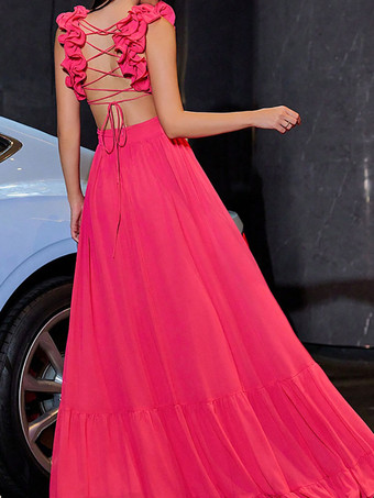 パーティードレス 3D フラワー ノースリーブ クロスオーバー バック バンデージ ティアード ロングドレス