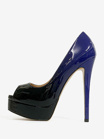 ブルー レディース ハイヒール ピープトゥ プラットフォーム スリッポン セクシー パンプス