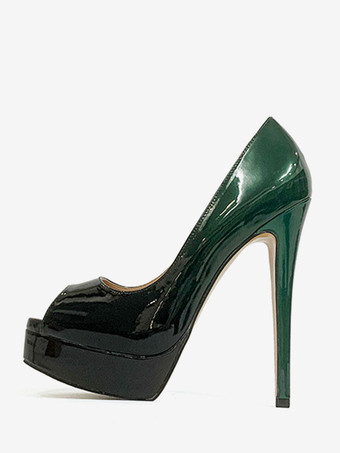 グリーン レディース ハイヒール ピープトゥ プラットフォーム スリッポン セクシー パンプス