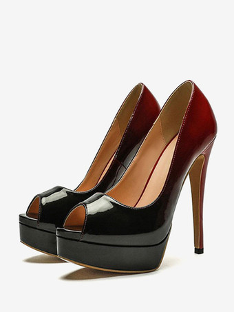 レッド レディース ハイヒール ピープトゥ プラットフォーム スリッポン セクシー パンプス