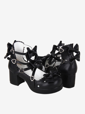 ブラック スイートロリータサンダル ブラック リボン PUレザー ラウンドトゥ ロリータ サマーシューズ