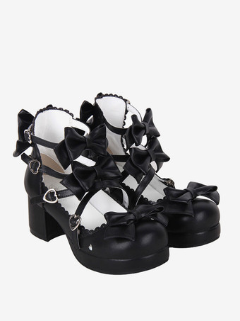 スイートロリータサンダル ブラック リボン PUレザー ラウンドトゥ ロリータ サマーシューズ