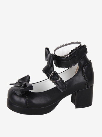 スイートロリータサンダル リボン ラウンドトゥ リボン PUレザー ブラック ロリータ サマーシューズ