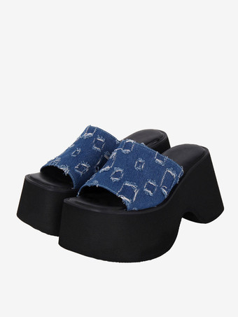 ゴシック ロリータ サンダル 編み込み ピープトゥ 編み込み PU レザー ブルー ロリータ サマー シューズ