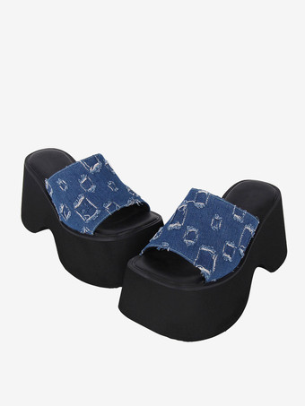 ゴシック ロリータ サンダル 編み込み ピープトゥ 編み込み PU レザー ブルー ロリータ サマー シューズ