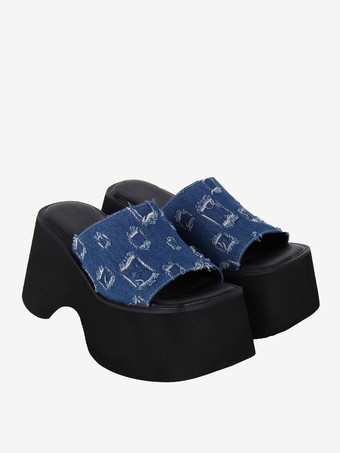 ゴシック ロリータ サンダル 編み込み ピープトゥ 編み込み PU レザー ブルー ロリータ サマー シューズ