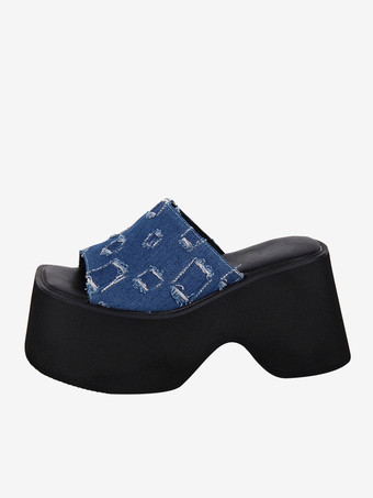 ブルー ゴシック ロリータ サンダル 編み込み ピープトゥ 編み込み PU レザー ブルー ロリータ サマー シューズ