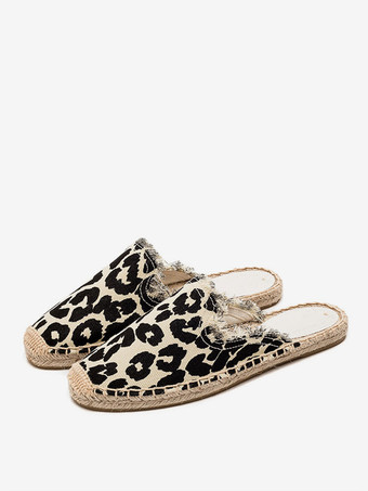 ベージュレディース エスパドリーユ ミュール ラウンドトゥ ザブラ柄 フラット バックレス スライド