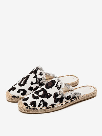 ホワイト レディース エスパドリーユ ミュール ラウンドトゥ ザブラ柄 フラット バックレス スライド