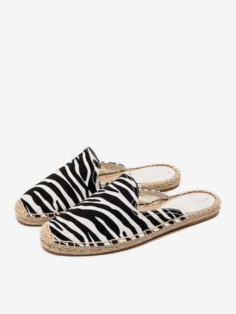 ブラック レディース エスパドリーユ ミュール ラウンドトゥ ザブラ柄 フラット バックレス スライド